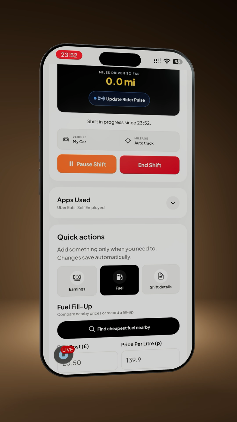 TaxBuddie app showing an active shift, mileage mode and fuel quick action